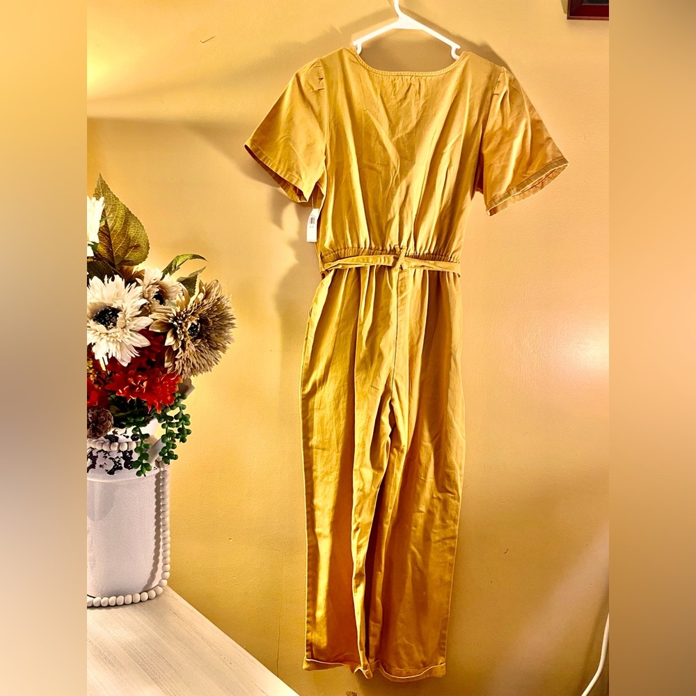 Mustard puff sleeve twill tie belt jumpsuit with pockets